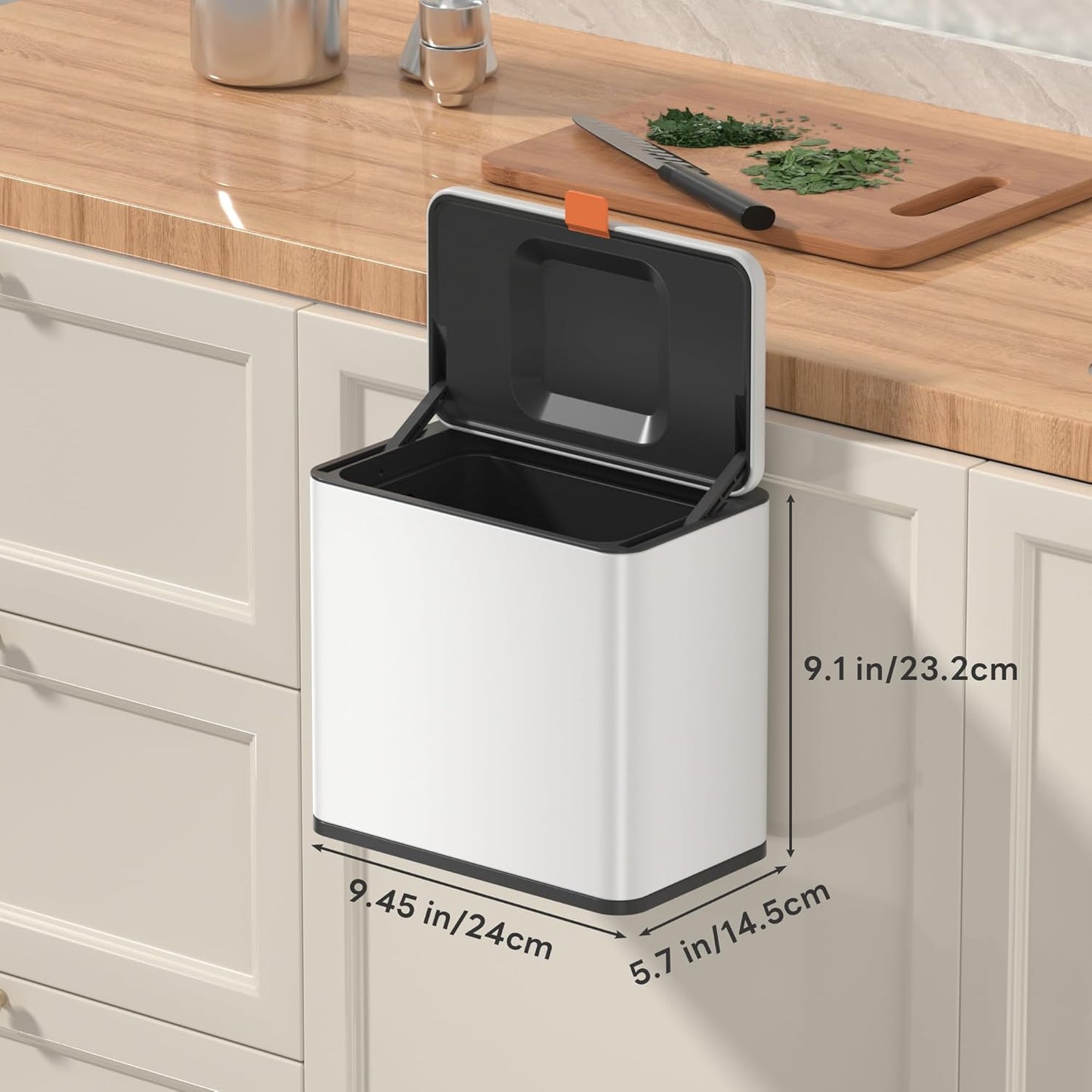 Mbillion Kitchen Compost Bin Hanging Trash Can with Lid 1.05 Gallon Stainless Steel Garbage Can for Kitchen Cabinet Door Mounted Trash Can Under Sink Door RV Bathroom,White