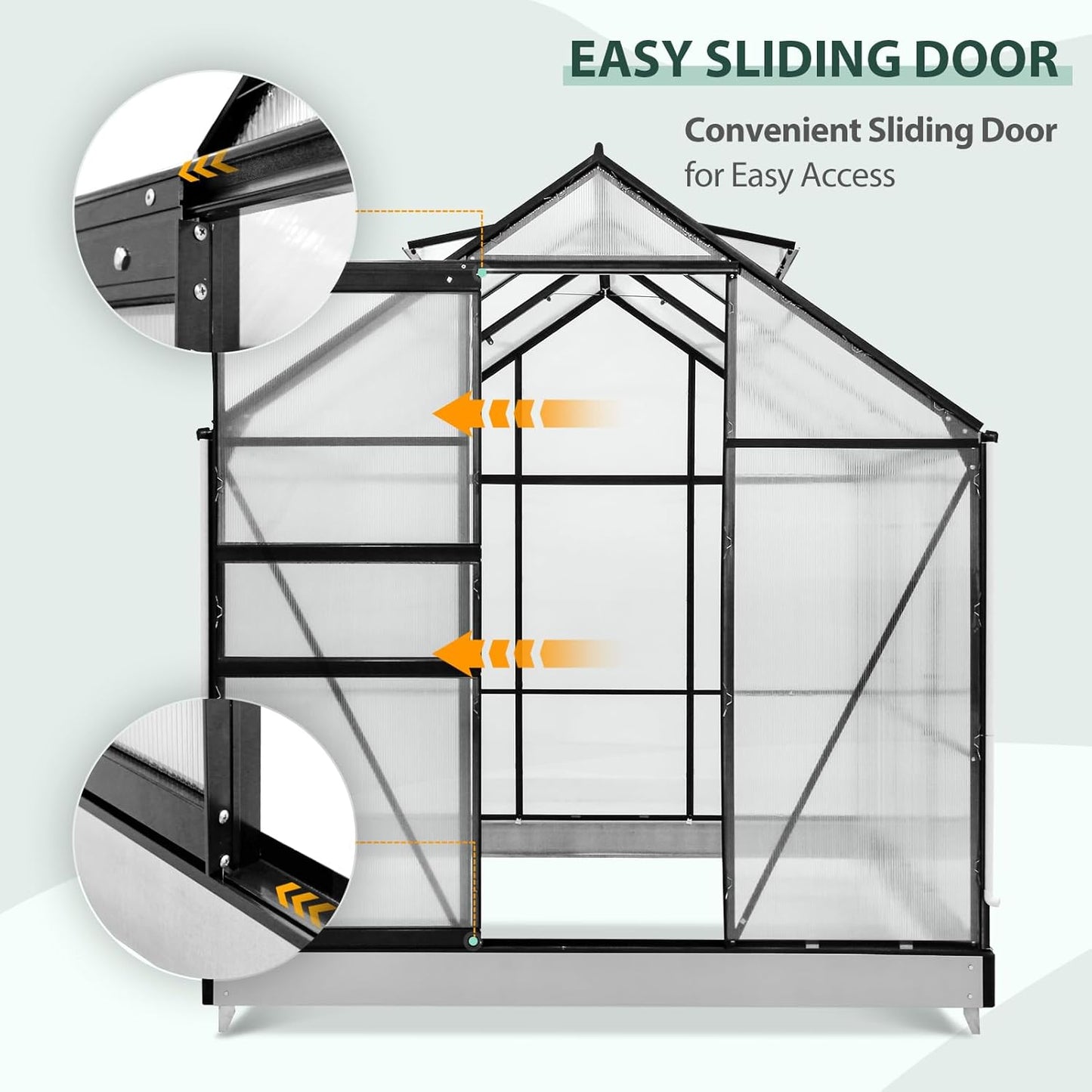 EAGLE PEAK 6x6x7 Outdoor Walk-in Hobby Greenhouse with Adjustable Roof Vent and Rain Gutter, Base and Anchor, Polycarbonate Aluminum Green House for Backyard Garden, Gray