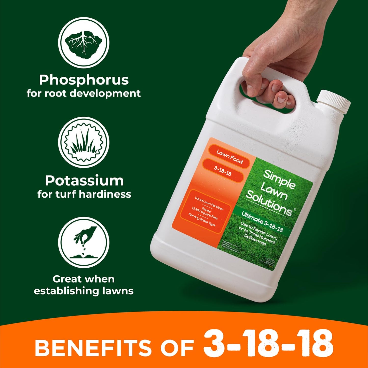 Ultimate 3-18-18 Lawn Food Liquid Fertilizer- Easy to Use Concentrated Spray- Any Grass Type- Summer & Fall - Simple Lawn Solutions- Turf Hardiness & Root Vigor- Phosphorus and Potassium (1 Gallon)