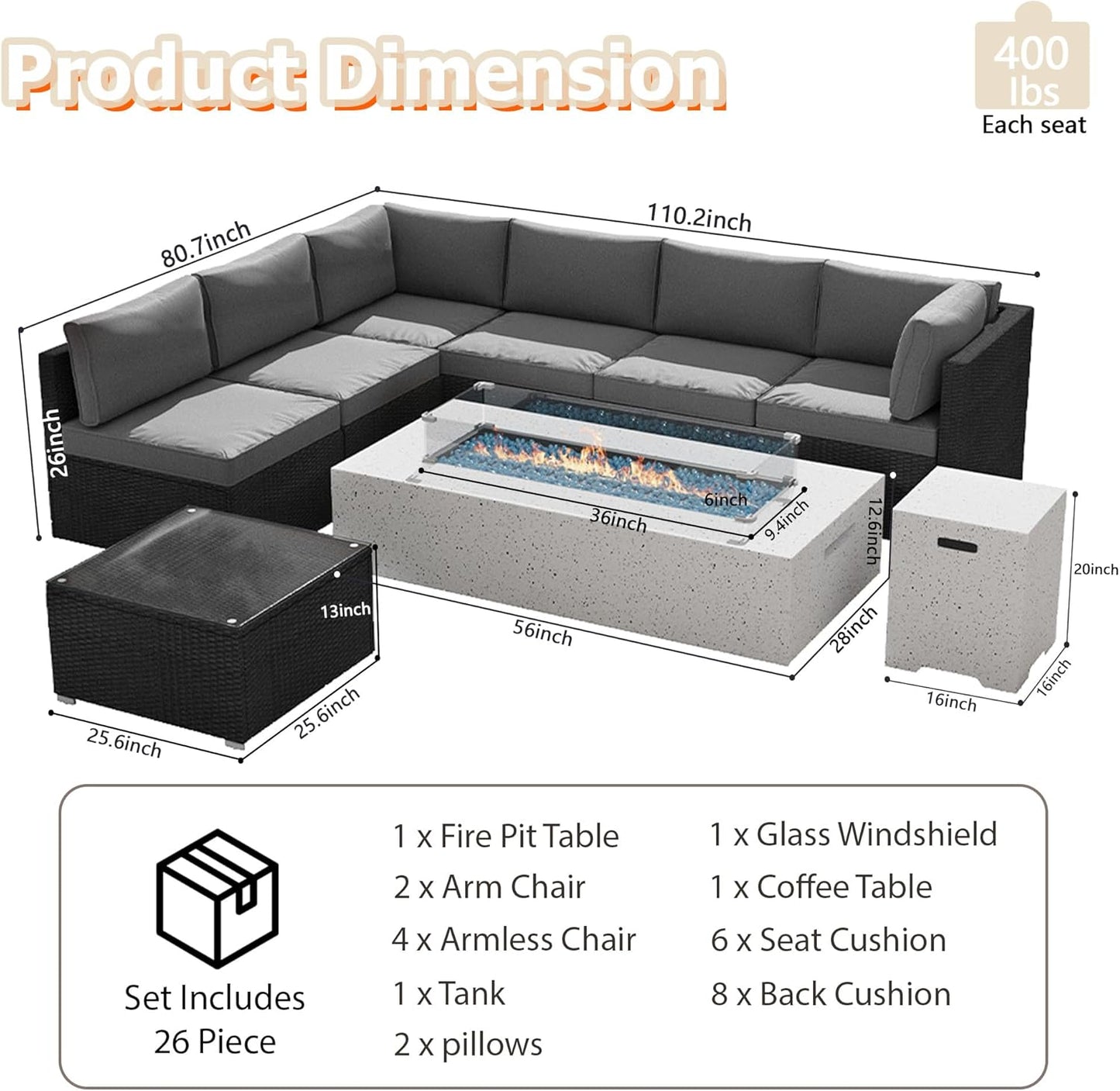 8 Piece Patio Furniture Set - Outdoor Conversation Sets with 56" Fire Table and Coffee Table, Rattan Modular Sofa Set for Garden/Poolside, Grey/Black