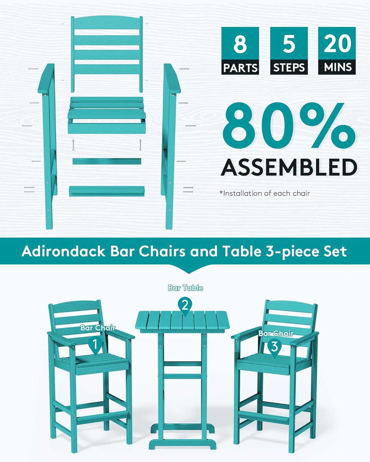 SERWALL Balcony Adirondack Chairs and Table 3 Pieces Set, Adirondack Bar Height Chairs Set of 2 and Bar Table, Outdoor Bar Stools Set for Bistro, Poolside, Backyard, Aruba