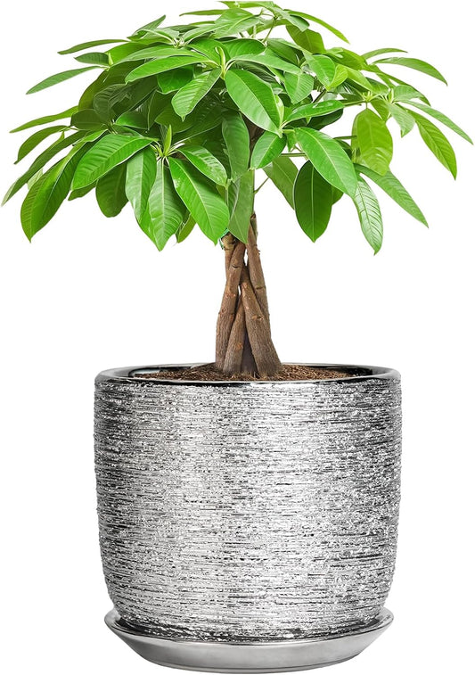 Ceramic Flower Pot - 7 Inch Ceramic Plant Pot for Indoor Flowers, Modern Outdoor Round Planter with Drainage Hole and Saucer, Gifts for Plant Lovers, Home Garden Decor, Silver