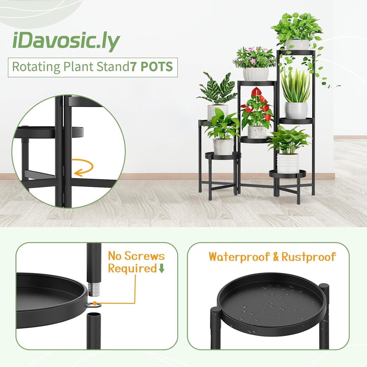 iDavosic.ly Plant Stand Indoor Outdoor, 7 Tier Corner Metal Flower Display Holder Shelf, Folding Tall Orchid Rack for Patio Balcony Porch Garden Living Room House, Black