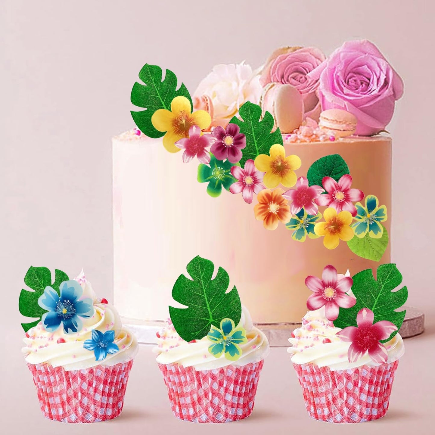 88 pieces of edible green leaf cake decorations, mixed leaf and flower cupcake decorations for Hawaiian themed festive wedding birthday party supplies.