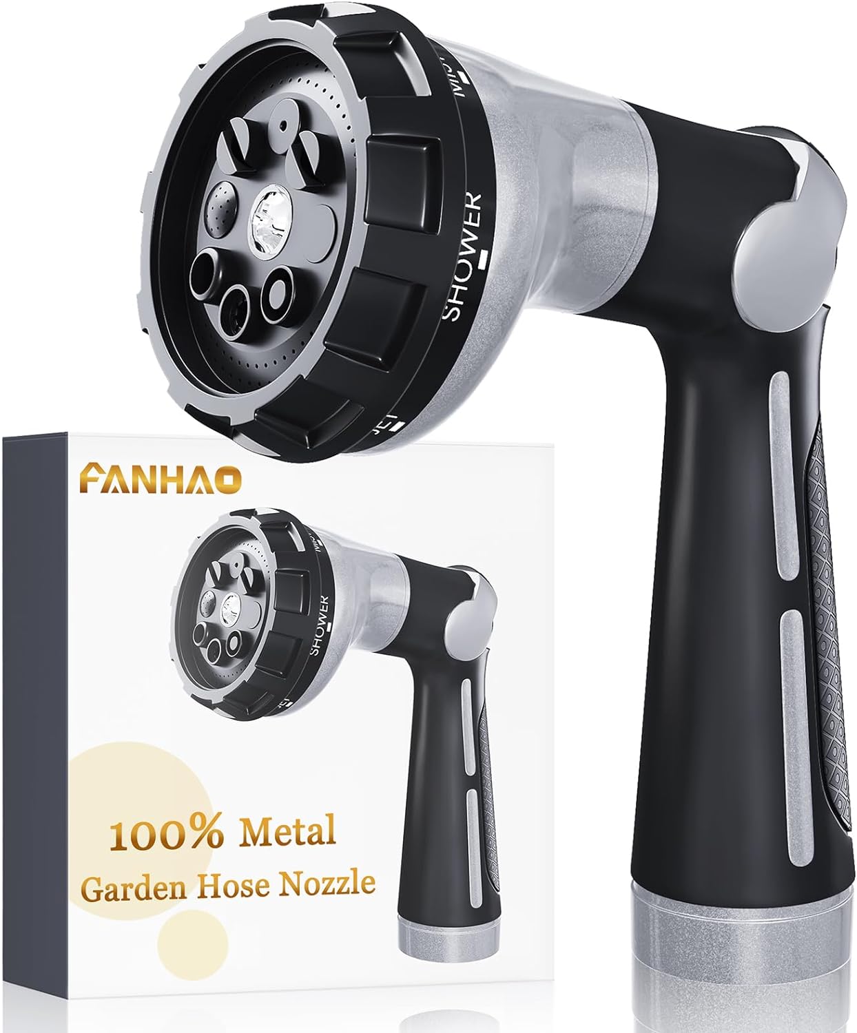 FANHAO Garden Hose Nozzle Heavy Duty, 100% Metal Water Hose Sprayer with 8 Spray Patterns, High Pressure Spray Nozzle Thumb Control On Off Valve for Lawn & Plant Watering, Car & Pet Washing - Silver