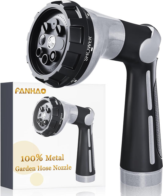 FANHAO Garden Hose Nozzle Heavy Duty, 100% Metal Water Hose Sprayer with 8 Spray Patterns, High Pressure Spray Nozzle Thumb Control On Off Valve for Lawn & Plant Watering, Car & Pet Washing - Silver