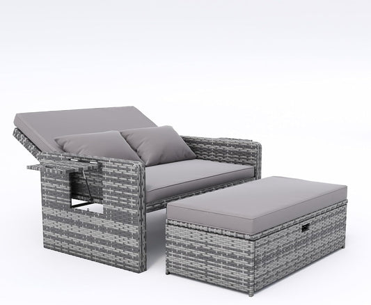 Amopatio Wicker Outdoor Daybed - Outdoor Loveseat with Storage Ottoman,4-Level Adjustable Backrest & Cushions, Patio Loveseat for Yard, Balcony, Porch, Garden, Poolside（Grey）