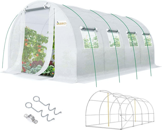 KING BIRD Premium 20x10x6.6FT Greenhouse for Outdoors, Large Walk-in Heavy Duty Galvanized Steel Frame, Mesh Door Screen Window Upgraded Zipper Tunnel Hoop for Garden Plant Winter, White