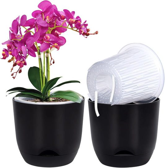 QCQHDU 2 Pack Orchid Pots with Holes for Repotting, Double-Layer and Self Watering Orchid Pot with Good Air Circulation