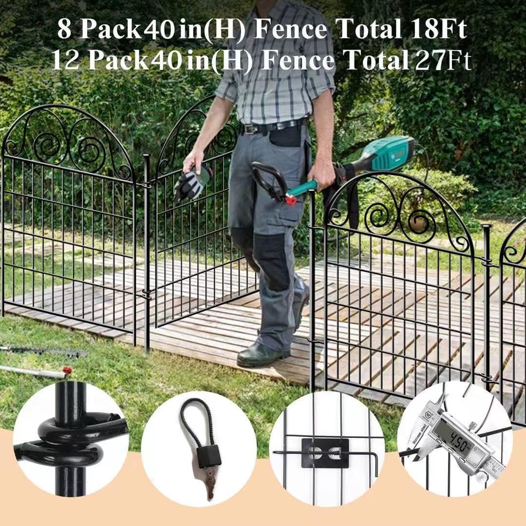 Tall Garden Animal Barrier Fence With Gate,40 in(H)×27 in(L) 12 Panels Dog Digging Fence Barrier, Black Metal Temporary Fences, Reusable Defense Fencing For Outdoor Yard. Total 26.2 Ft│Patented