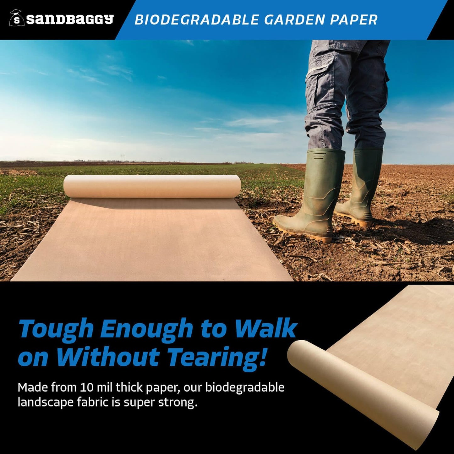 Sandbaggy Biodegradable Landscape Fabric - Garden Paper for Weeds - Paper Mulch Rolls - Made in America (2 ft x 475 ft, 25)