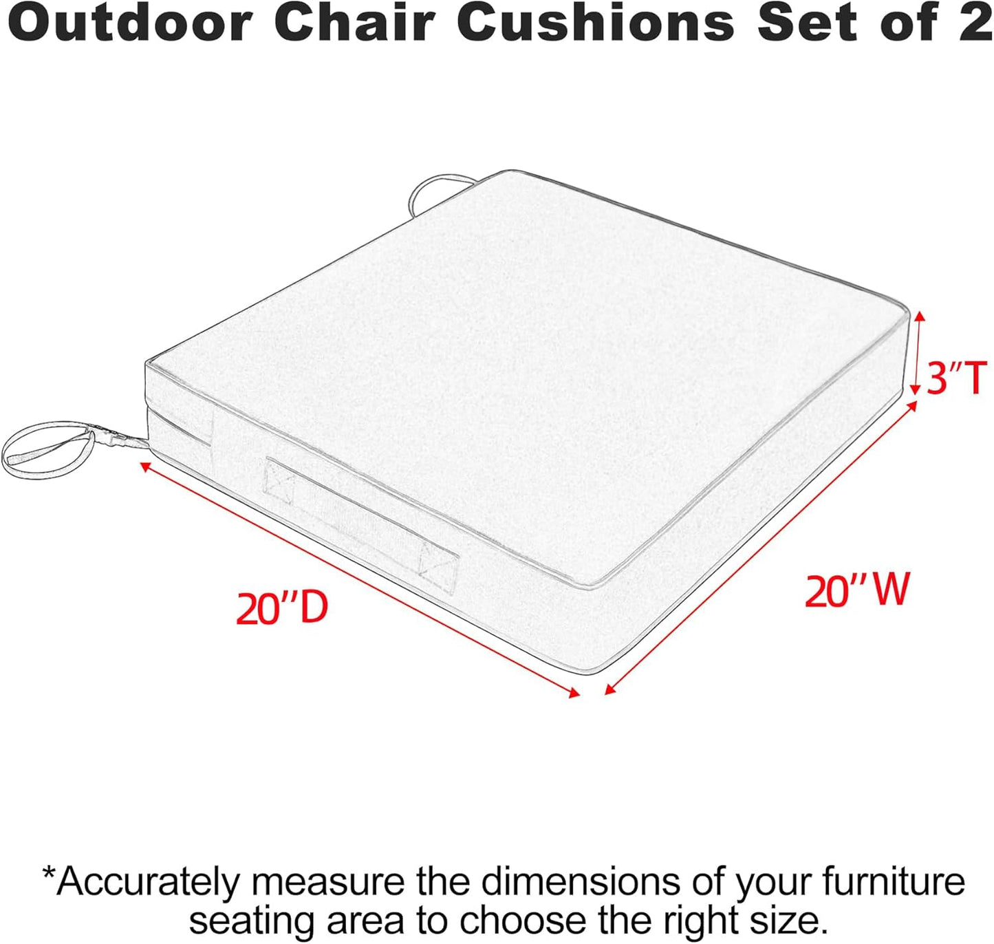 Favoyard Patio Chair Cushions 20 x 20 x 3 Inch Waterproof Outdoor Seat Cushions for Patio Furniture 3-Year Color Fastness Garden Sofa Couch Chair Pads with Handle & Adjustable Straps Set of 2, Grey