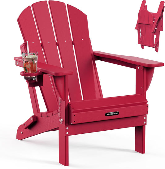 MUCHENGHY Folding Adirondack Chairs, Patio Chairs, Lawn Chairs, Outdoor Chairs, Adirondack Chair Plastic, Fire Pit Chairs, Weather Resistant with Cup Holder for Deck, Backyard, Garden(Red)
