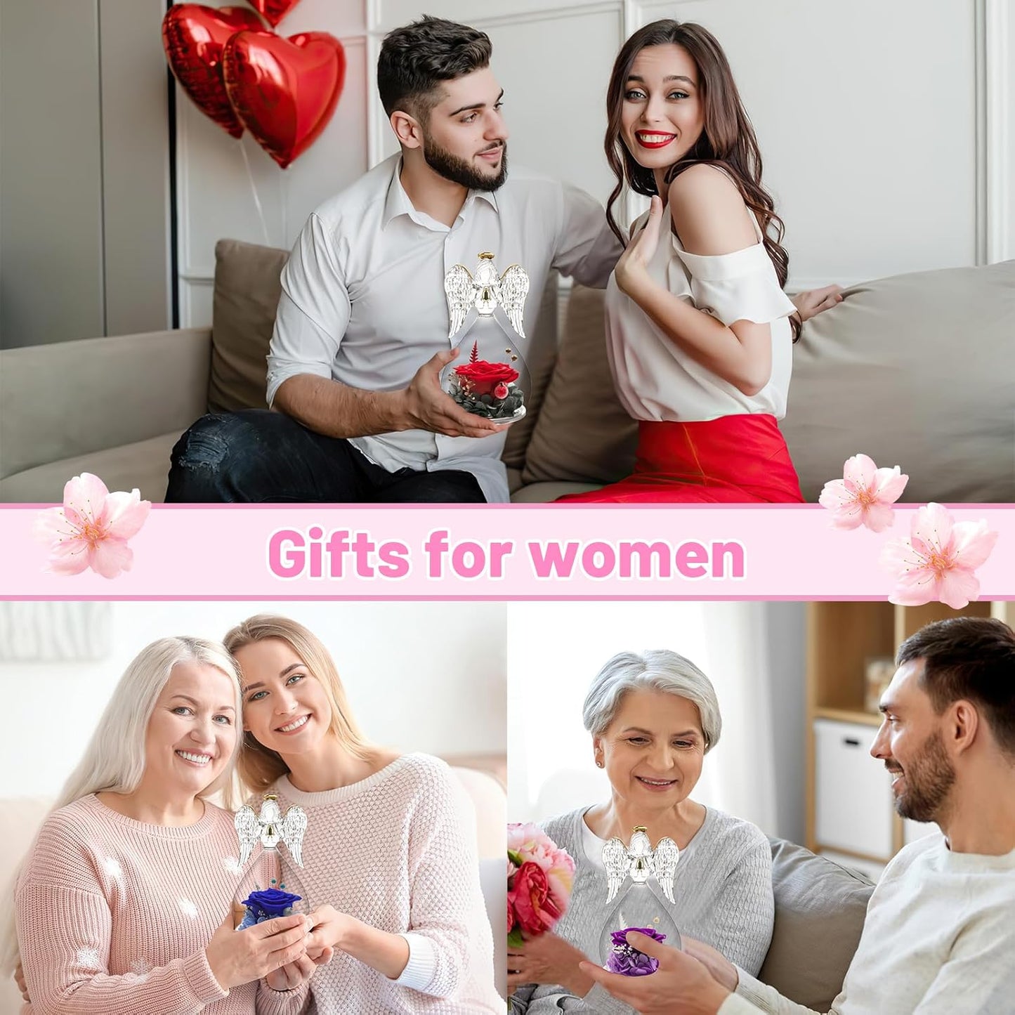 Yamonic Mom Birthday Gifts for Mom, Angel Figurines with Real Rose Gifts for Her Mom Grandma,Preserved Flowers Rose Angel Figurines for Mothers Day Christmas Anniversary Birthday Gifts for Her (Blue)