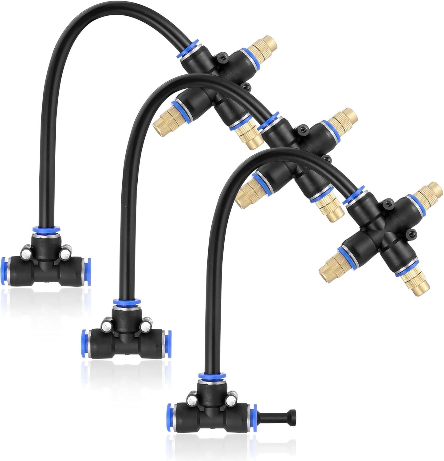 Mornajina 3Packs 3 Way Brass Misting Nozzles Tee with 9inch Built in Hose for Outdoor Cooling System, Adjustable 360° Rotation, Water Mister Nozzles Thread Sprayer 0.043" (1.1 mm)