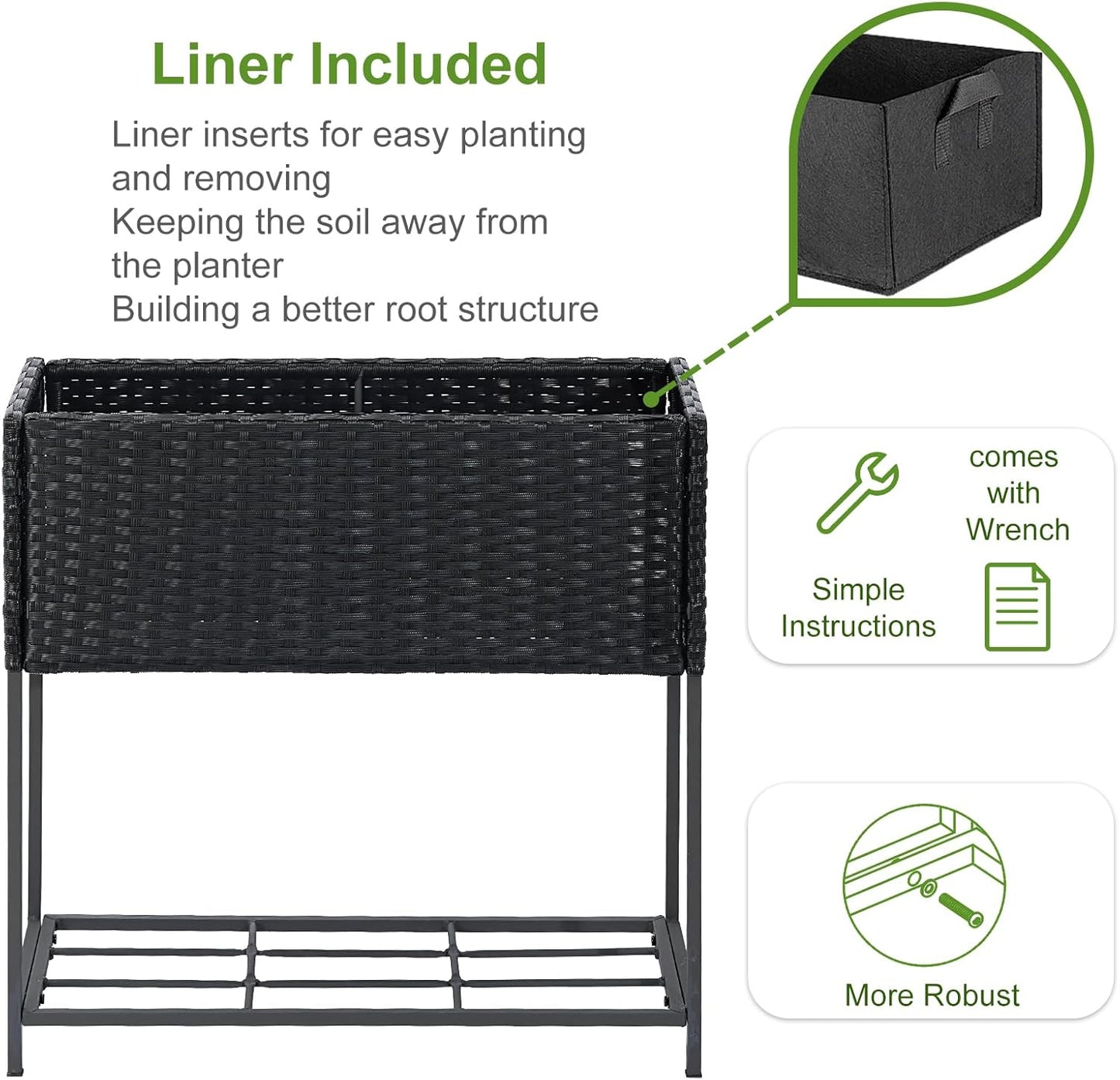 LEWIS&WAYNE Raised Garden Beds Outdoor with Legs Handmade Wicker Planter Box with Removable Liner & Storage Shelf Elevated Garden Bed for Vegetable Flower Herb - Black