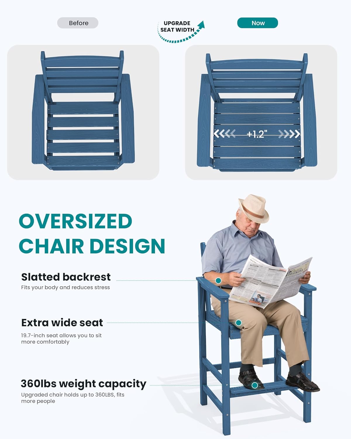 SERWALL Tall Adirondack Chairs Set of 2, Oversize Balcony Adirondack Chairs Set, Outdoor Bar Height Barstools Widened Chair Set for Bistro, Poolside, Garden, Blue
