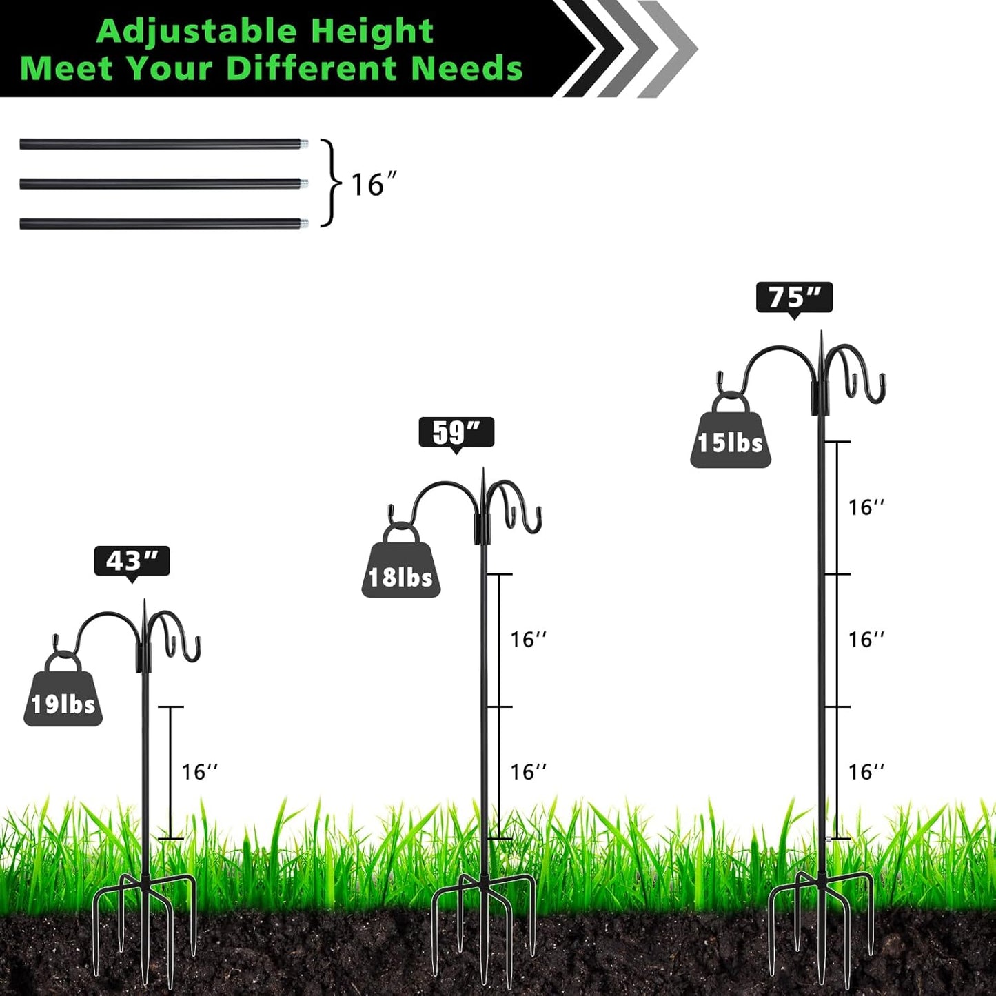 FEED GARDEN [Upgrade Version 76 Inch Three Shepherd Hooks for Outdoor,Bird Feeder Pole with 5 Prong Base, Adjustable Shepard Hooks for Hanging Plant, Solar Lanterns, Wind Chimes, 2 Pack