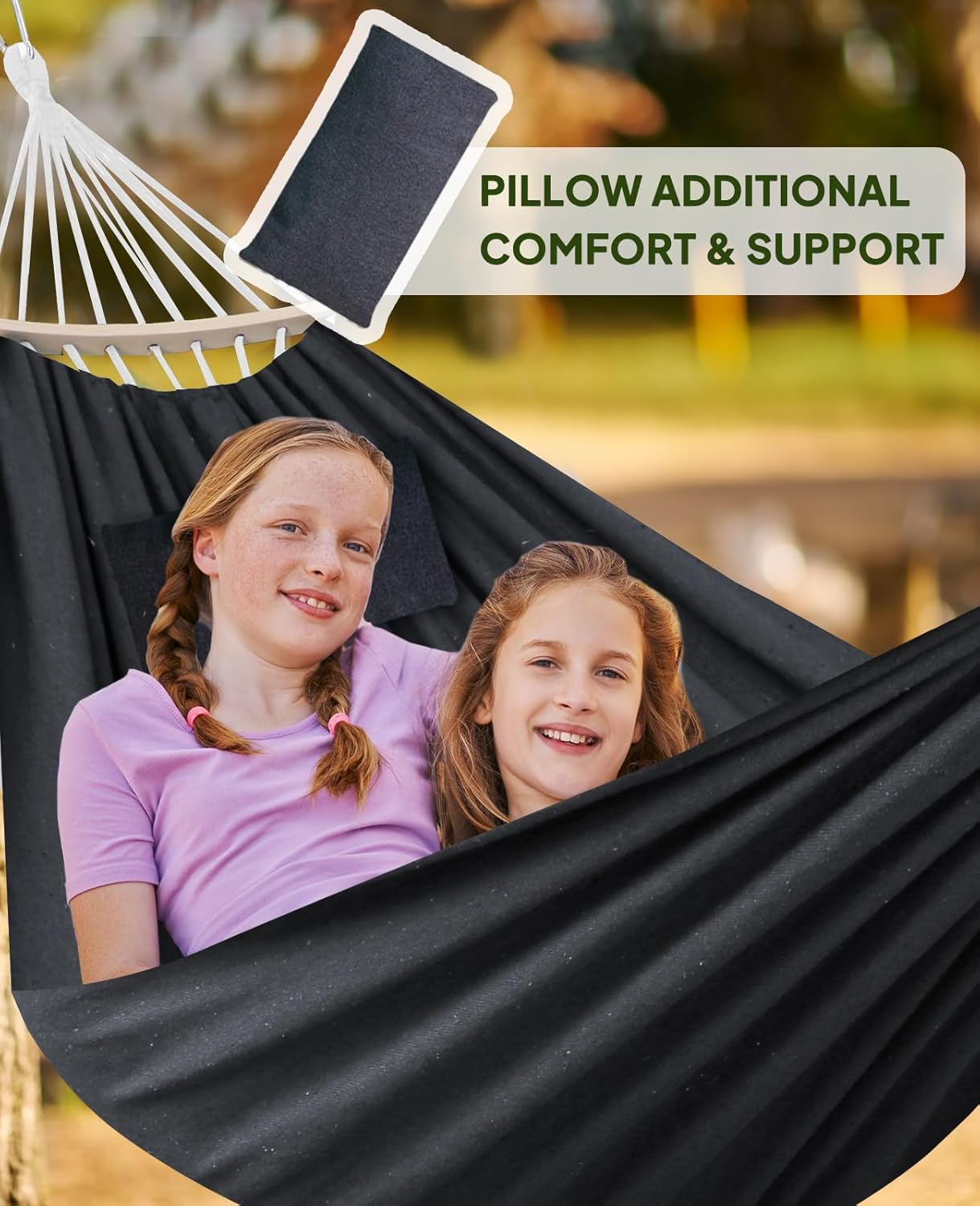 Chihee Cotton Hammock Large Soft Breathable Camping Hammock Holds Up to 660lbs Portable Tree Hammock with Detachable Spreader Bar Pillow 2 Strong Webbings 2 Carabiners Patio Garden Indoor Outdoor