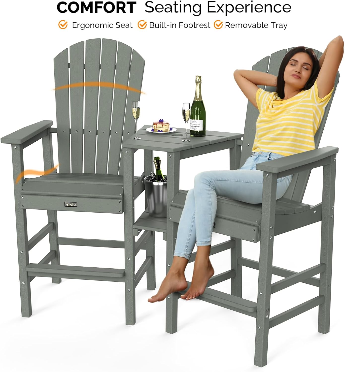 VINGLI Tall Adirondack Chairs Set of 2, HDPE Balcony Chair with Double Connecting Tray Weather Resistant Outdoor Bar Stools for Patio Deck Lawn Pool Backyard (Grey)