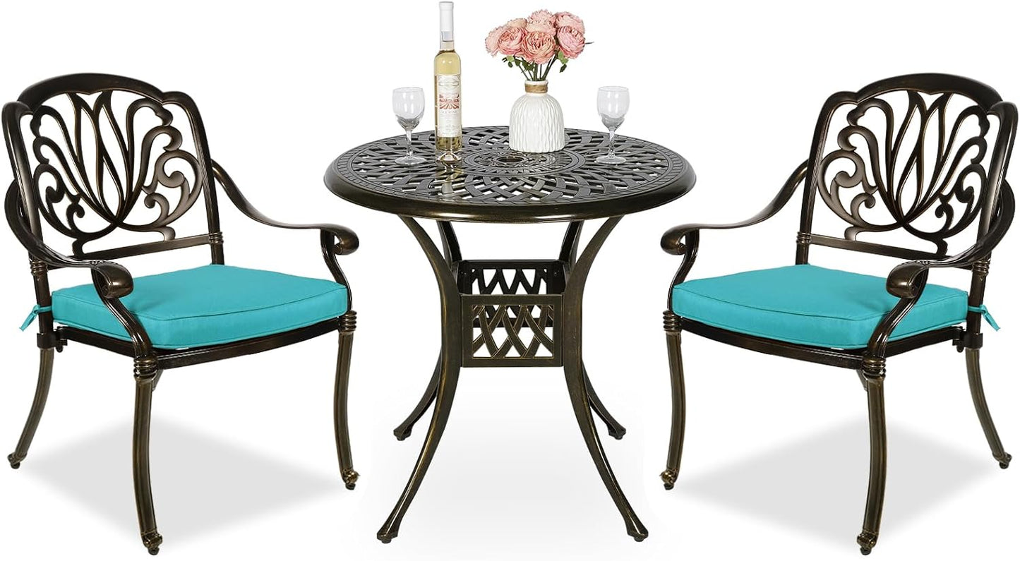 MEETWARM 3 Piece Patio Bistro Set, Outdoor All-Weather Cast Aluminum Dining Furniture Set Includes 2 Cushioned Chairs and a 31” Round Table with Umbrella Hole for Garden Deck, Ocean Blue