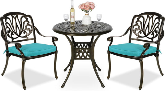 MEETWARM 3 Piece Patio Bistro Set, Outdoor All-Weather Cast Aluminum Dining Furniture Set Includes 2 Cushioned Chairs and a 31” Round Table with Umbrella Hole for Garden Deck, Ocean Blue