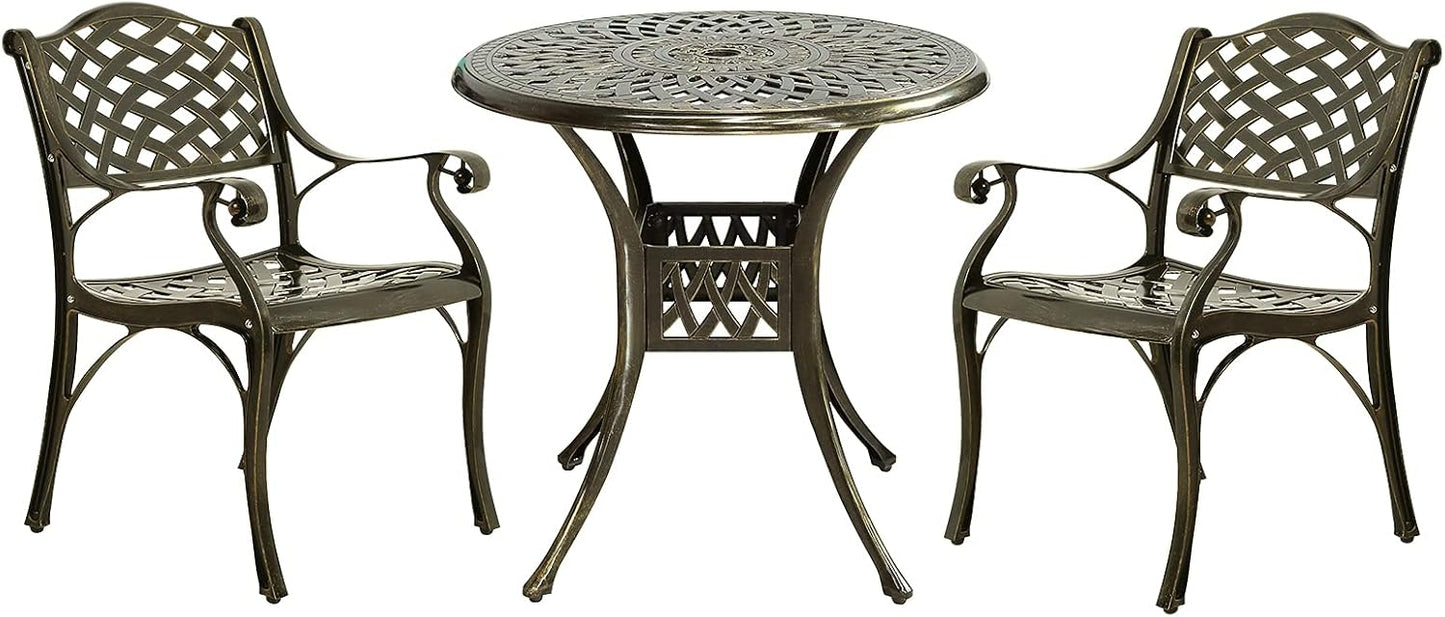 MEETWARM 3 Piece Patio Bistro Set, Outdoor All-Weather Cast Aluminum Dining Furniture Set Includes 2 Chairs and a 31” Round Table with Umbrella Hole for Garden Deck