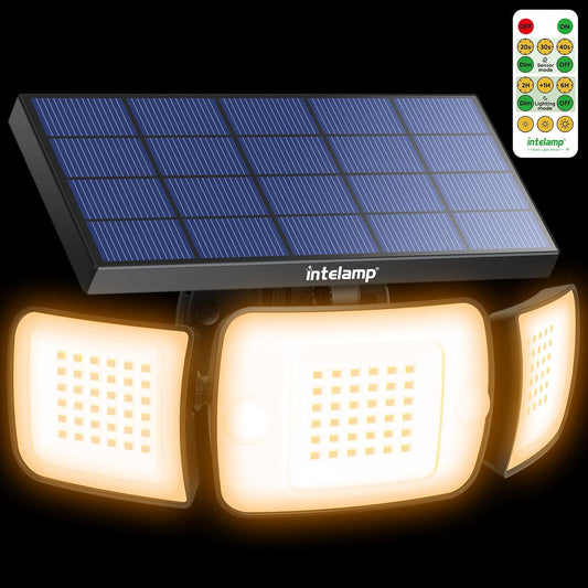 intelamp Solar Flood Lights Outdoor Waterproof, 6000mAh 1200LM Solar Powered Dual Motion Sensor LED Warm Lighting Dusk to Dawn Security Floodlight Exterior with Remote for Outside Garden House Patio