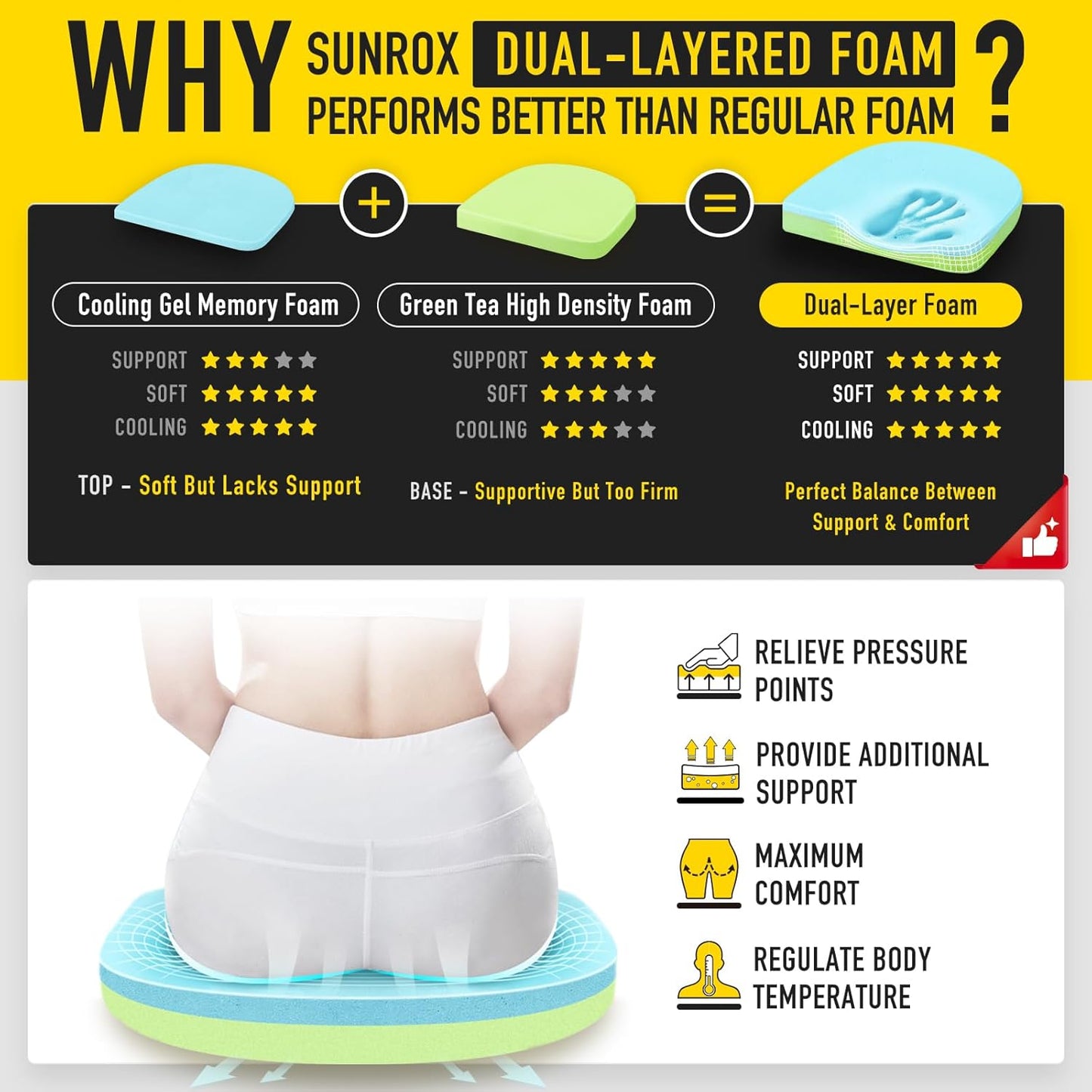 SUNROX Gel Memory Foam Chair Cushions, FadeShield Water-, Stain-Resistant Durable Reversible Seat Cushion Pads with Ties for Indoor/Outdoor Kitchen Dining Office 17"x16" Set of 6, Cream