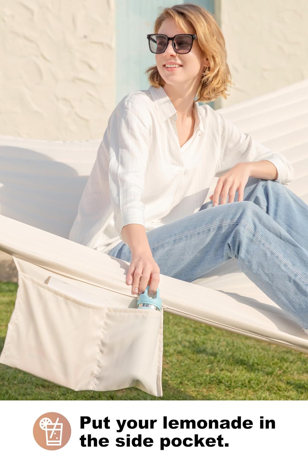 Double Quilted Fabric Hammock with Spreader Bar, Fit 12-14ft Hammock Stand, 2 Person 14ft Hammocks for Outside, Large Removable Pillow Storage Bag, Carabiners, Max 475 lbs Capacity (Beige)