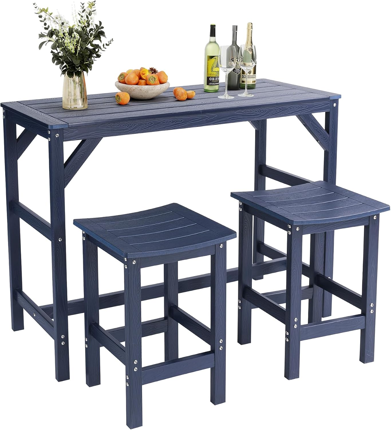 3Pcs HIPS Outdoor Patio Bar Set, All Weather HIPS Bar Table and Chairs Set for Outside, 55" Rectangular High Top Bar Table with 2 Bar Stools for Poolside, Patio, Balcony, Deck, Blue