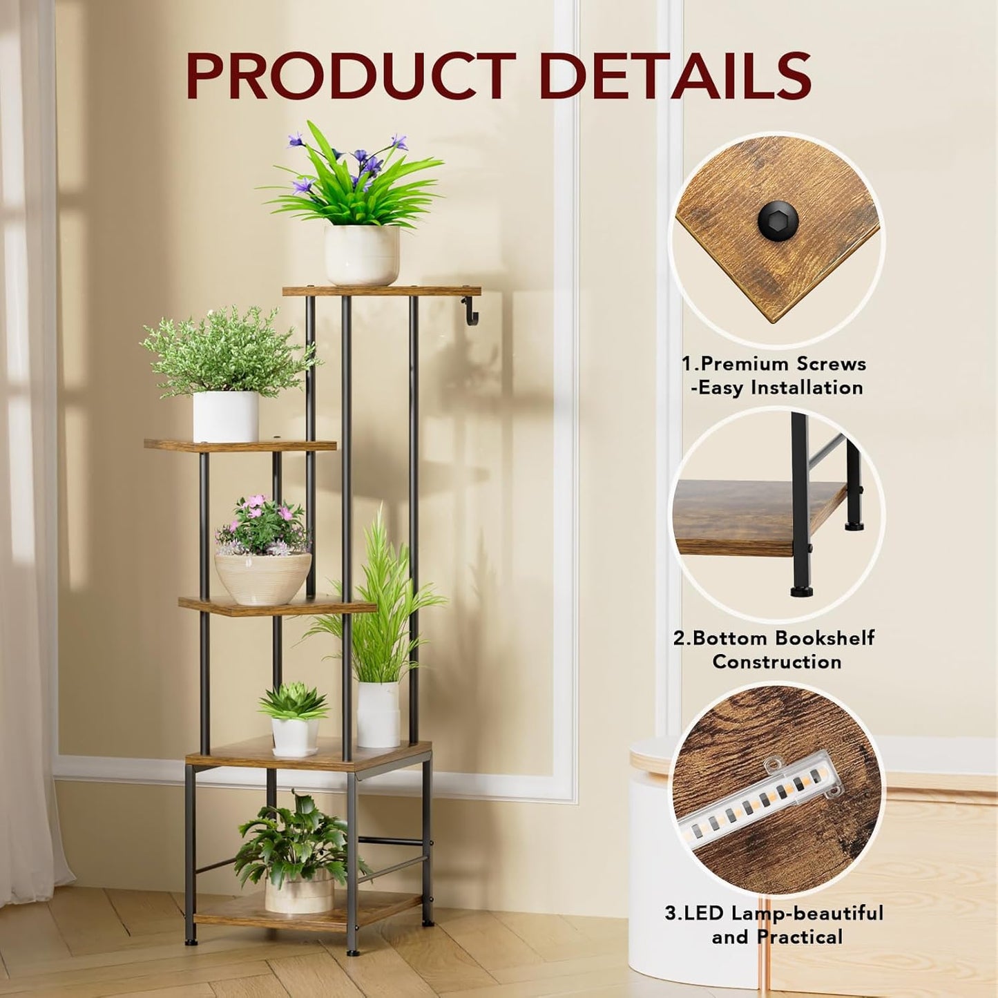 Plant Stand Indoor with Grow Light, 5-Tiered Tall Plant Stand Indoor, Metal Plant Shelf with Hanging Basket Hook and Adjustable Light, Ideal for Living Room, Garden, Patio,Brown and Black（2 pcs ）
