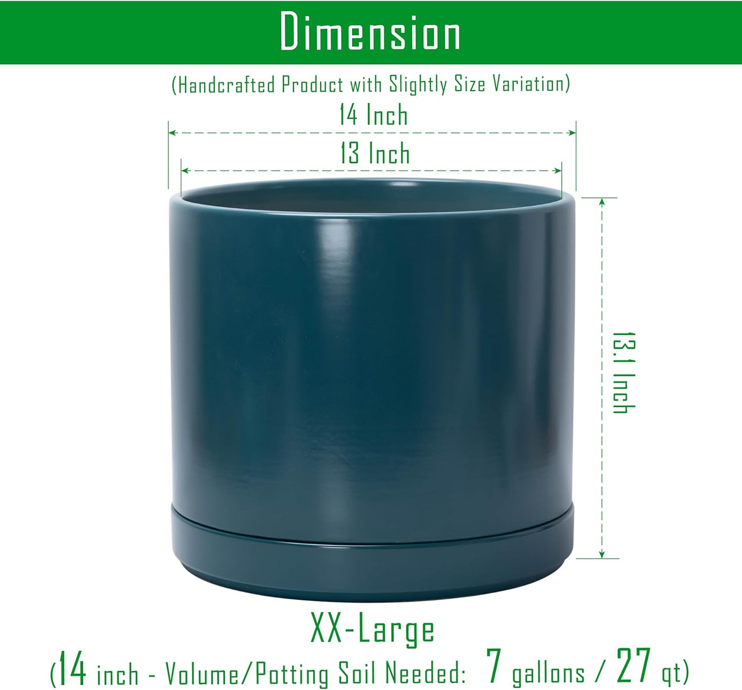 D'vine Dev 14 Inch Ceramic Planter Pot with Drainage Hole and Saucer, Indoor Cylinder Round Planter Pot, Teal, 94-O-G-9