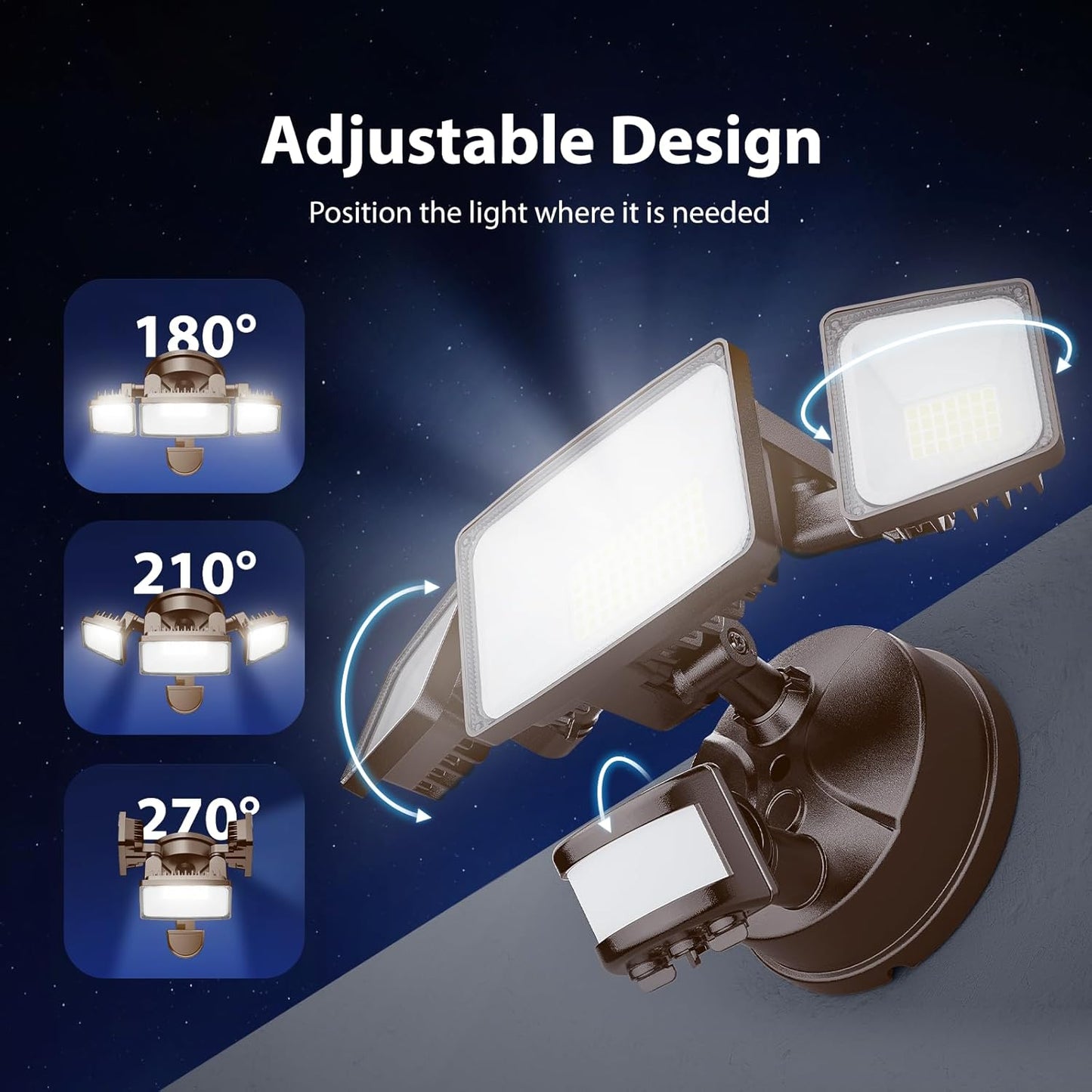 Onforu 65W LED Security Lights Motion Sensor Light Outdoor, 6500LM, 6500K, IP65 Waterproof, Flood Light Outdoor Motion Detector with Adjustable 3 Head, Hardwired Wall Light for Entryway, Yard (Brown)