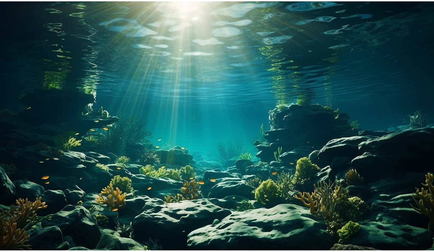 Aquarium Background Underwater Aquatic Plants Rocks Fish Terrarium Backdrop Sunlight Rays Coral Fish Tank Background Cave Style Landscape Sea Grass Tank Wallpaper Poster Vinyl 36x18in