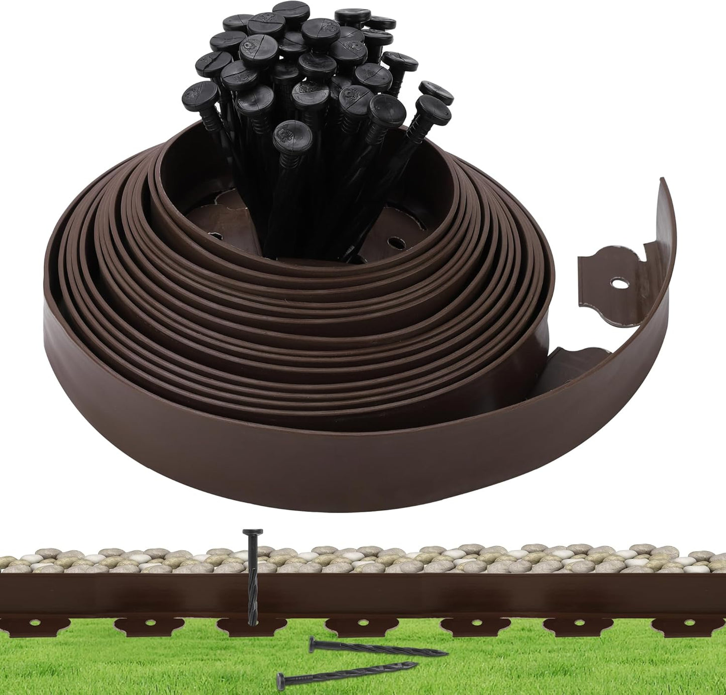 2" x 33FT Landscape Edging Kit, Garden Edging Coil Comes with 30 Pcs Spikes, No Dig Lawn Border Design, Brown