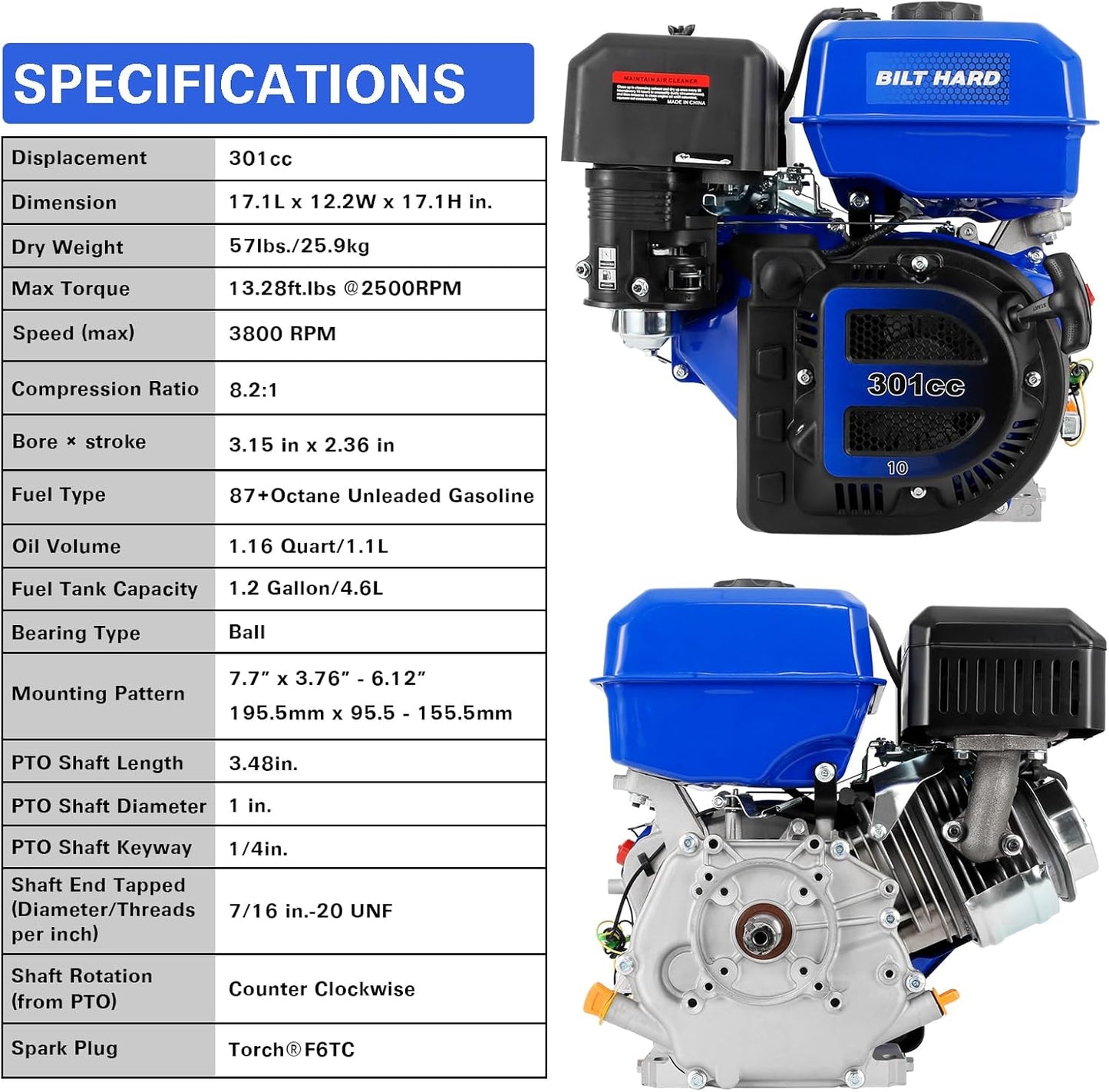 BILT HARD 301cc 10HP Gas Powered Engine, Horizontal 4 Stroke OHV Gas Motor, Shaft 1" Diameter, 3.48" Length, 1/4" Keyway, Replacement for Compressor, Log Splitter