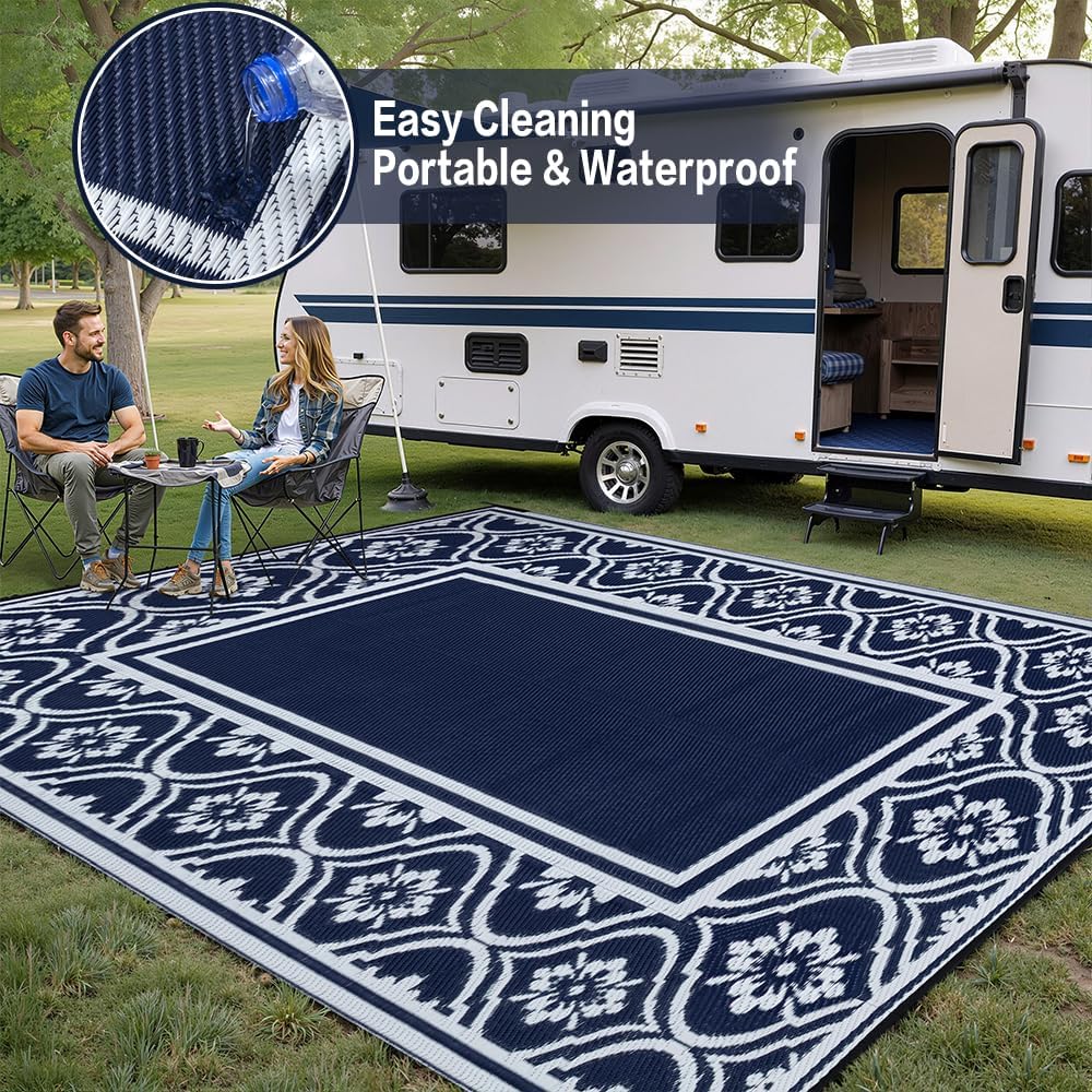 RV Outdoor Rug Waterproof Mat 9'x12' Camping Carpet Blue Outside Area Rugs Reversible Rugs for Deck Entryance Porch Picnic Balcony Beach