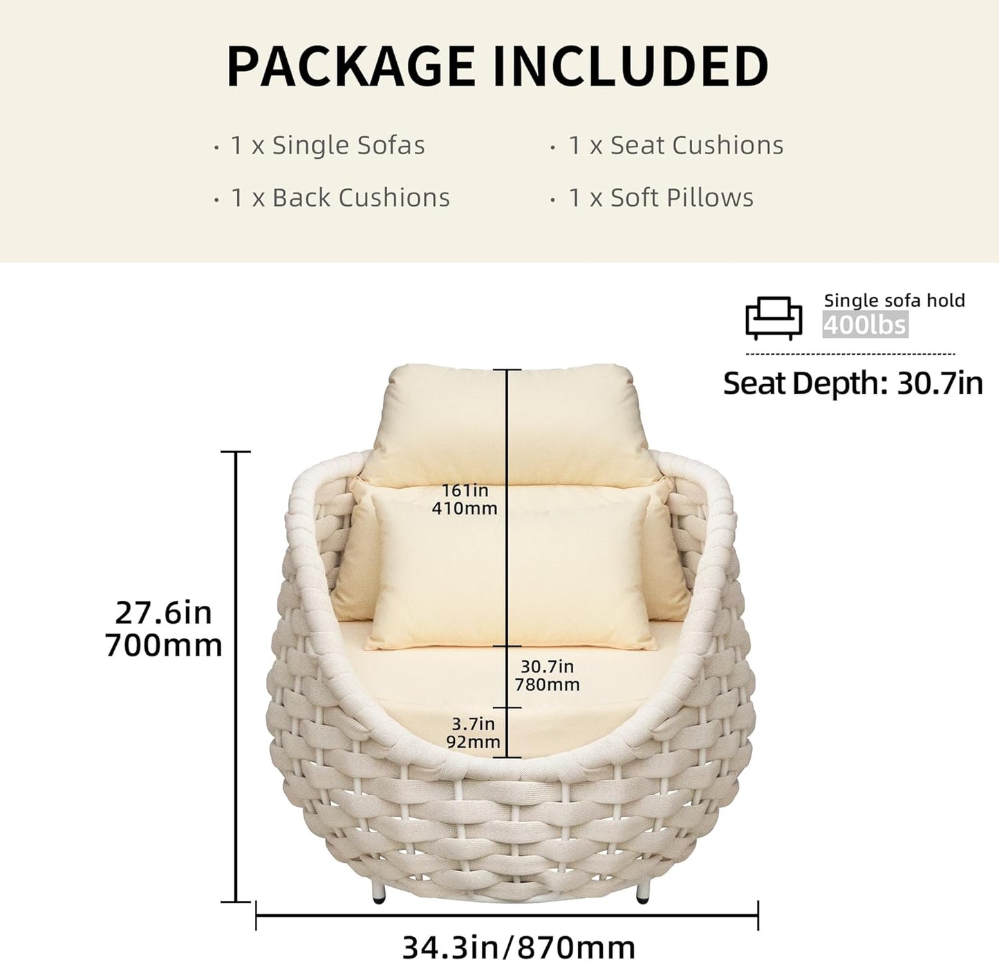 TWT 4 Pieces Patio Sofas, All-Weather Olefin Rope Balcony Furniture with Cushions & Pillows, Patio Couch Outdoor Patio Furniture Set for Indoor, Balcony, Backyard, Deck, Poolside, Cream