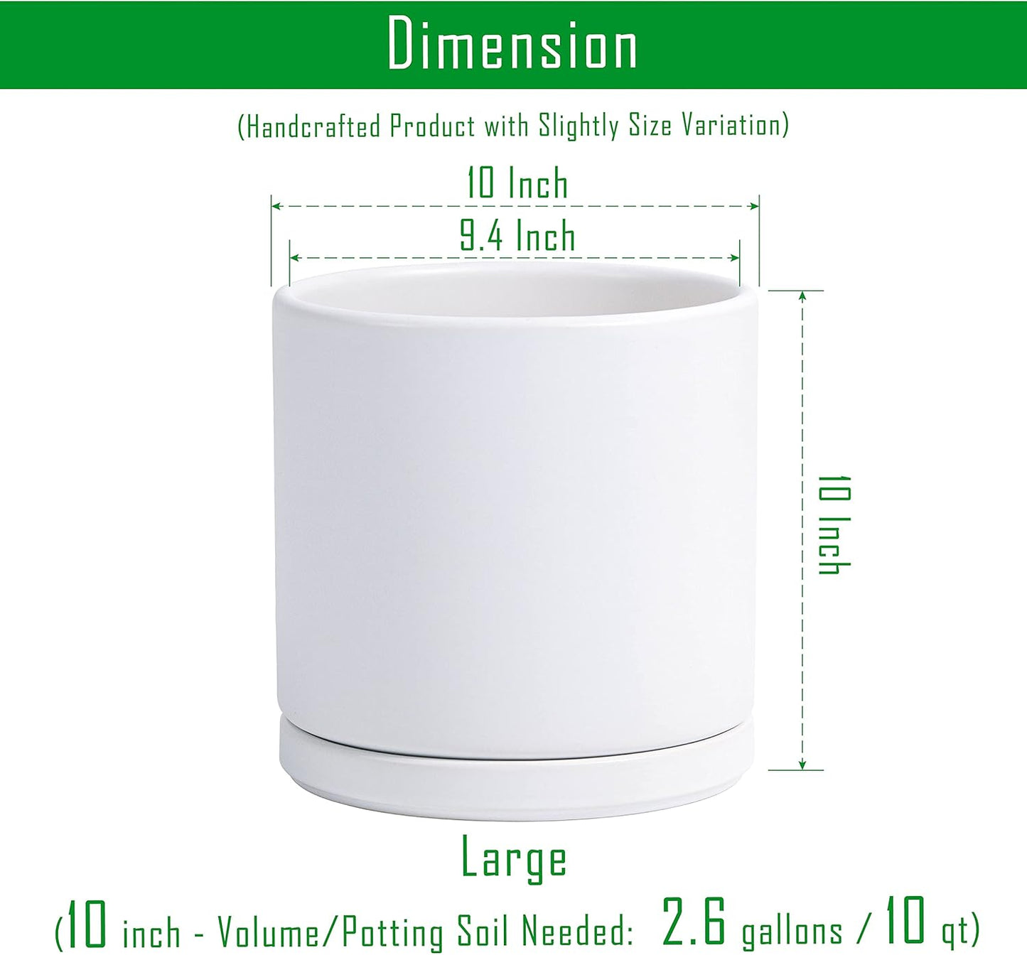 D'vine Dev Set of 2 Plants Pots, 10 Inch Ceramic Planter Pot for Plants with Drainage Hole and Saucer, White, 94-V-E-1