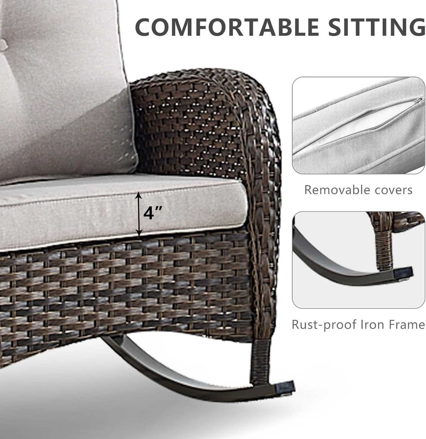 HUMMUH 5 Pieces Wicker Patio Furniture Set,Outdoor Rocker Chairs,Patio Ottomans,Glass Top Side Table,Outdoor Conversation Set for Porch Deck Backyard Poolside