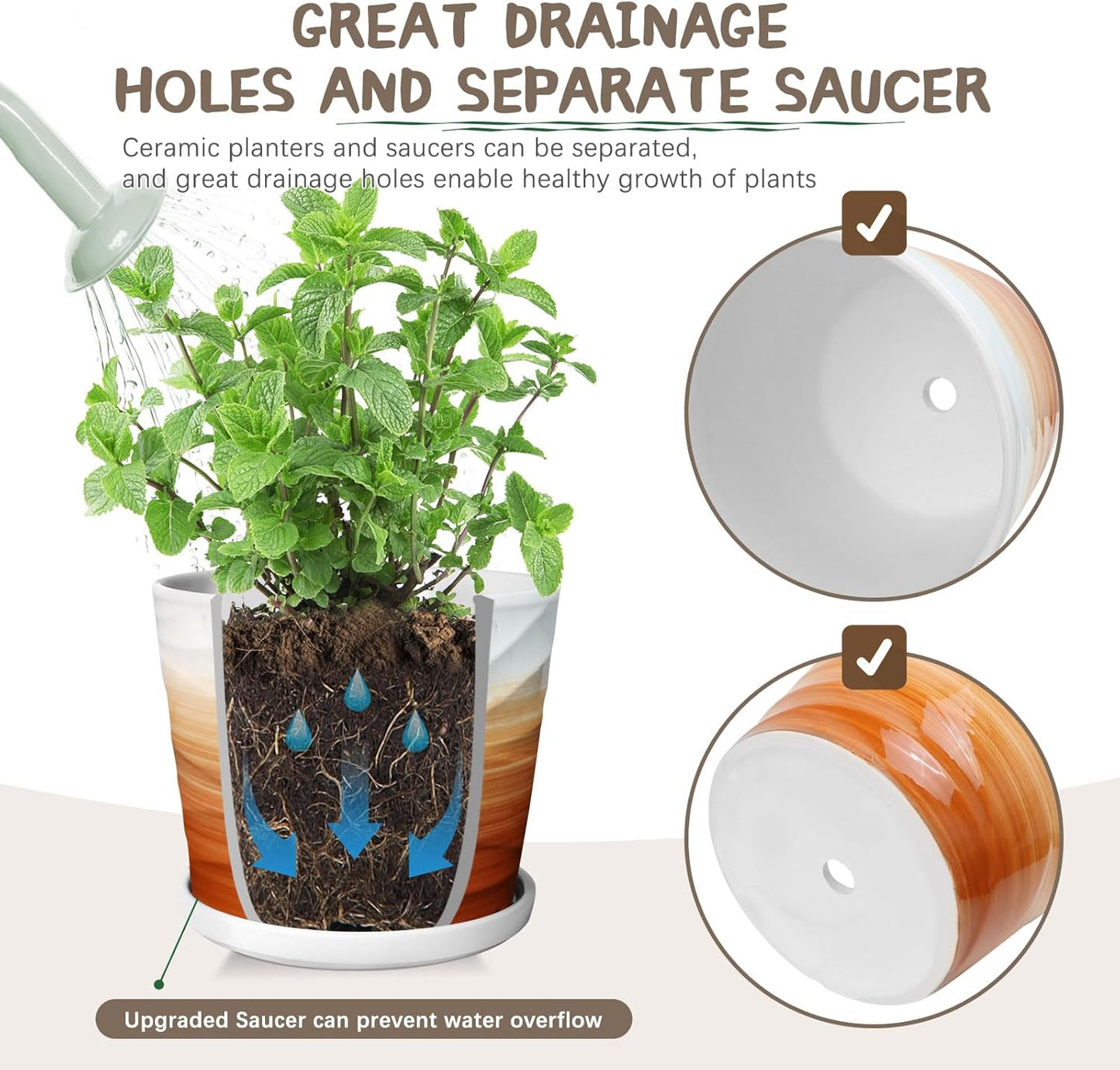 8 Inch Plant Pot, Ceramic Planter with Drainage and Saucer, Ceramic Pots for Plants, Indoor Plant pots, Flower pots，Modern Planter(Khaki + White)