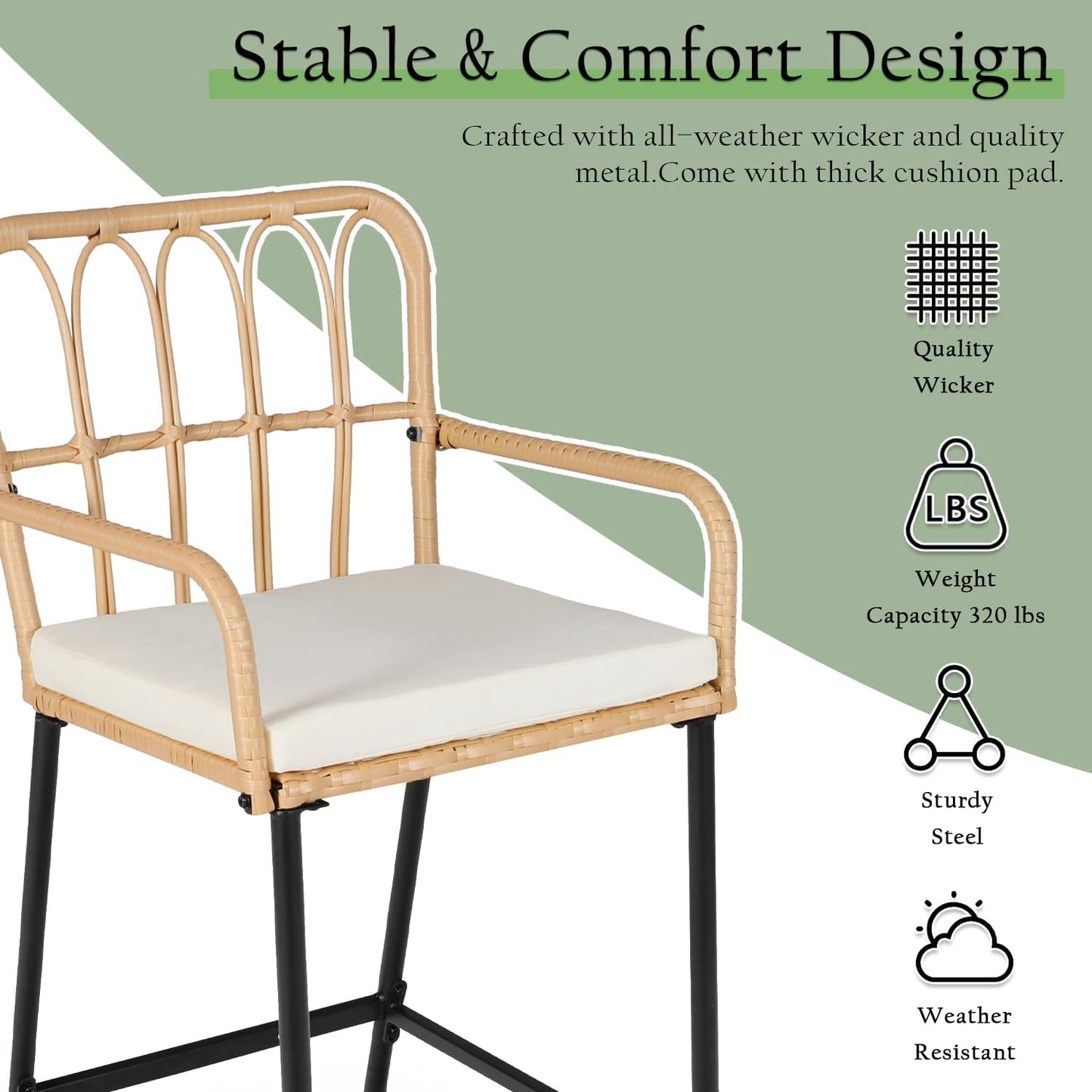 LYNSLIM Outdoor Bar,3 Piece Height Table Patio Rattan Wicker Furniture Chairs Set,22" Patio Bar Table and Outdoor Bar Stool Set of 2,with Removable Cushions for Backyards, Porches (Set for 3)