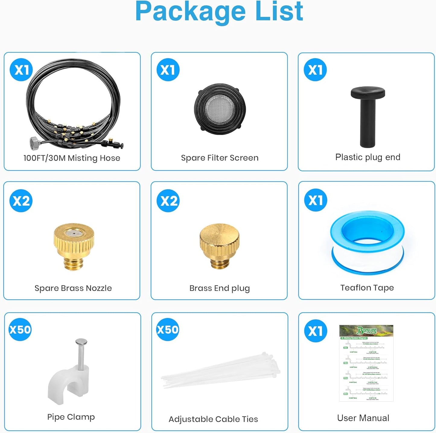 Bonviee Misters for Outside Patio, 100FT Misting Cooling System for Patio, 100FT (30M) Misting Line+28 Mist Nozzles+3/4" Brass Adapter, Pre-Assembled Garden & Greenhouse Watering System