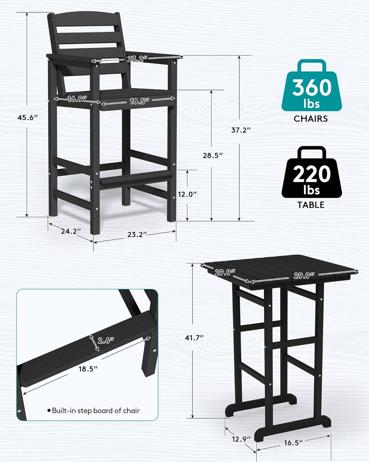 SERWALL Balcony Adirondack Chairs and Table 3 Pieces Set, Adirondack Bar Height Chairs Set of 2 and Bar Table, Outdoor Bar Stools Set for Bistro, Poolside, Backyard, Black