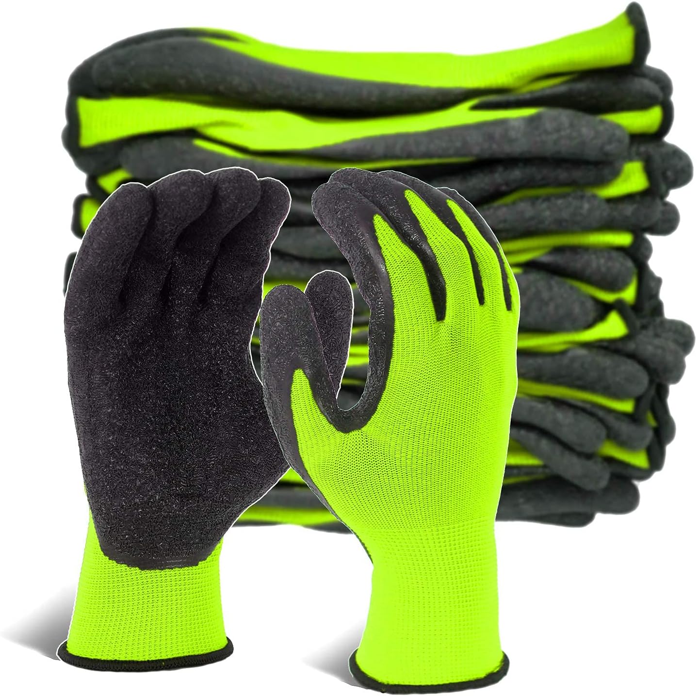 Evridwear Crinkle Latex Rubber Hand Coated Safety Work Gloves for Men Women General Multi Use Construction Warehouse Gardening Assembly Landscaping (9/L, Green- 12Pair)