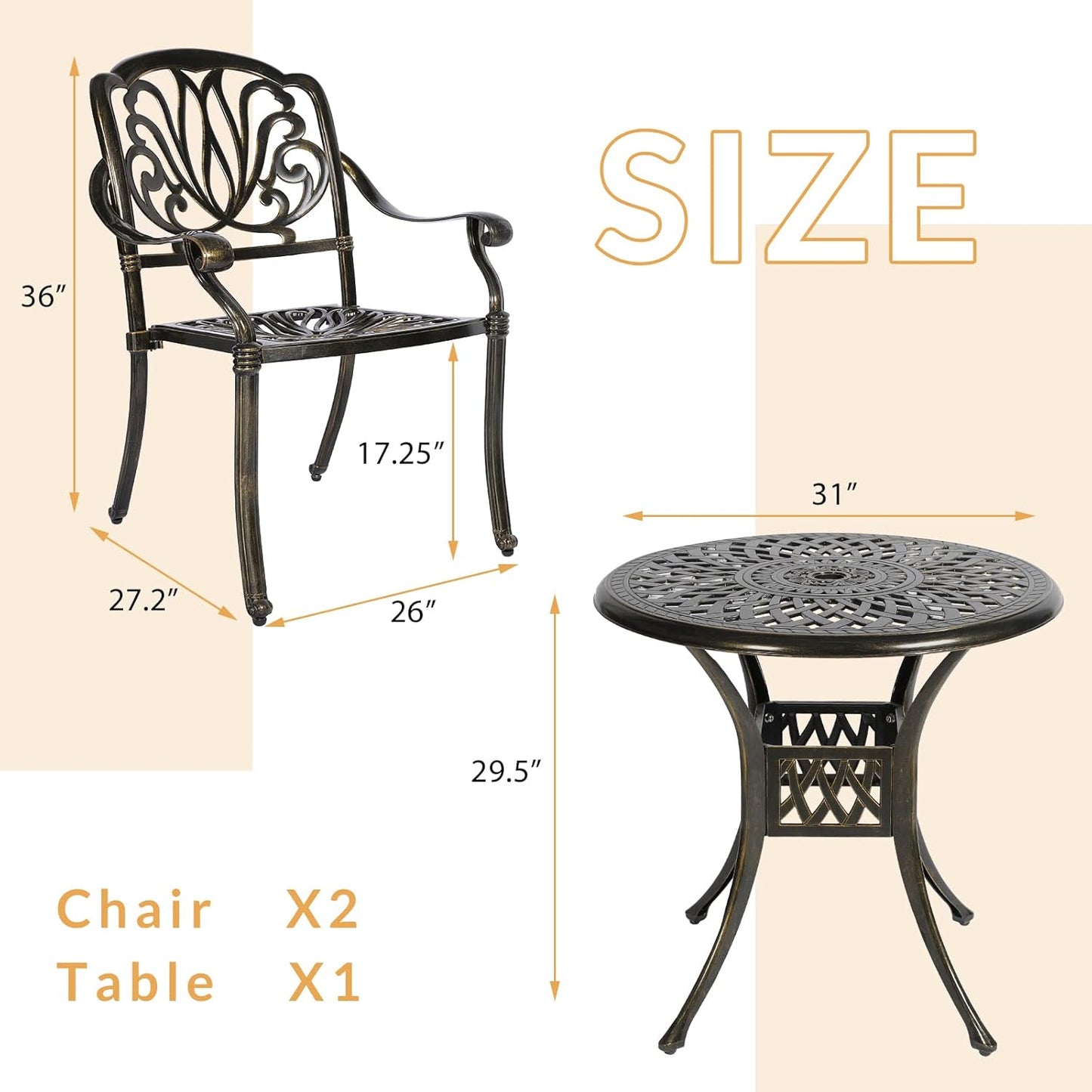 3-Piece Outdoor Patio Dining Set, All-Weather Cast Aluminum Patio Furniture Set for Backyard Garden Deck with 2 Chairs and 31” Round Table, 2" Umbrella Hole