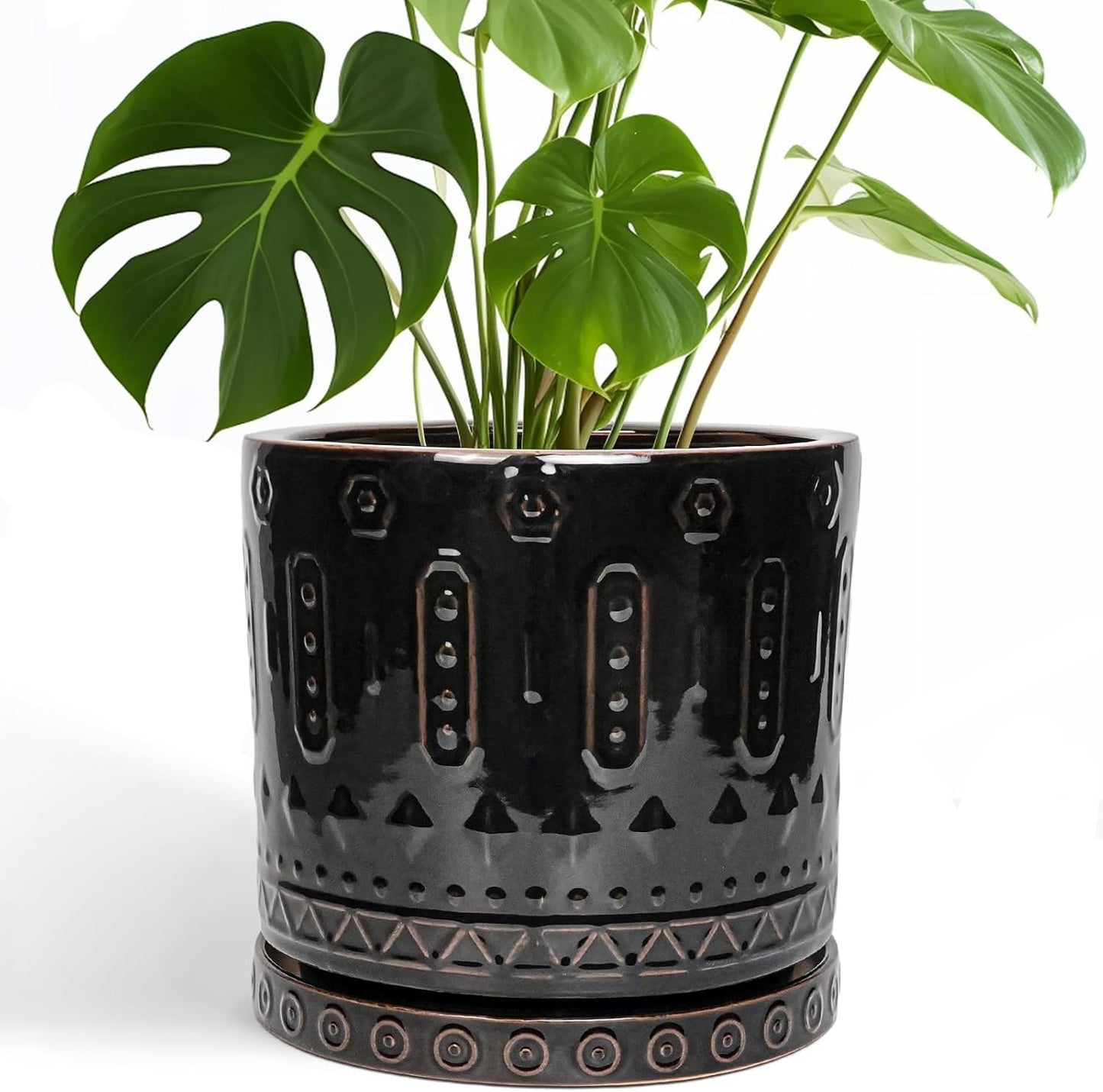 Ceramic Planter for Indoor Plants - 10 Inch Plant Pots with Drainage Hole and Saucer, Round Decorative Flower Pots Outdoor, Boho Large Planter, Room Decor, House Warming Gifts, Black