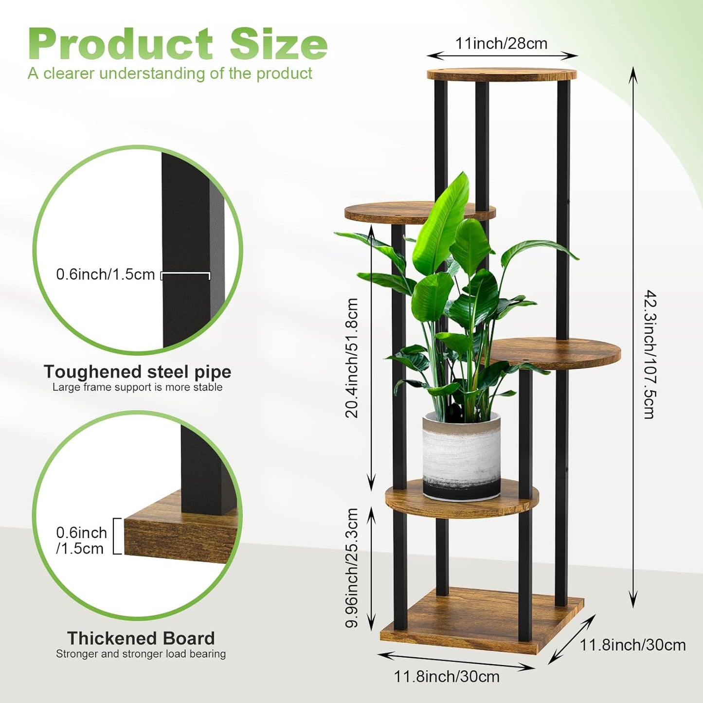 5 Tier Wood Tall Plant Stand Metal Rack Indoor, Multiple Flower Pot Holder Shelves Corner Rack, Round Planter Shelf Display Rack Storage Organizer for Patio Living Room Balcony(Black)