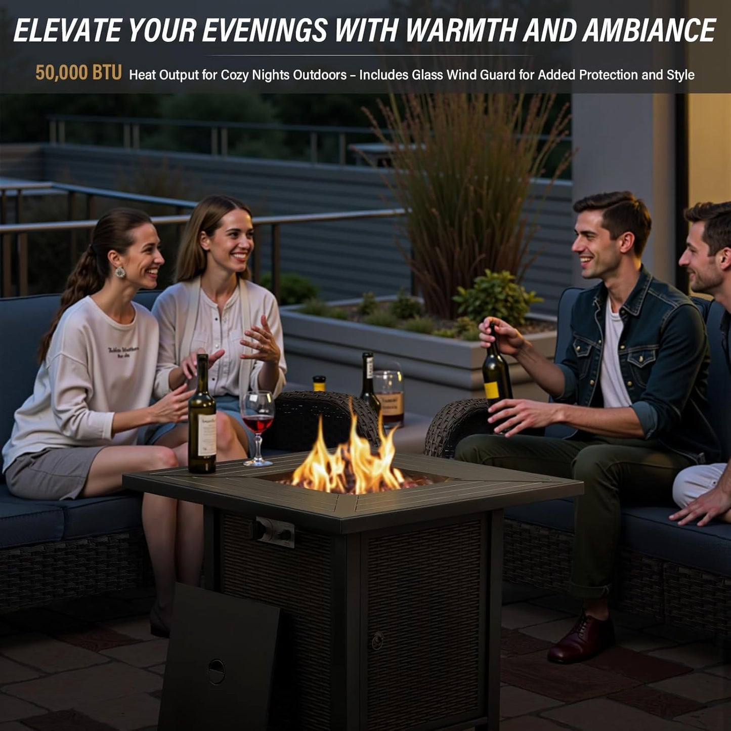 5 Piece Outdoor Patio Furniture Set with 50000 BTU Propane Fire Pit Table, Deep Seating Wicker Swivel Rocker Chairs and Loveseat Glider Patio Conversation Set for Poolside Deck Backyard Grey